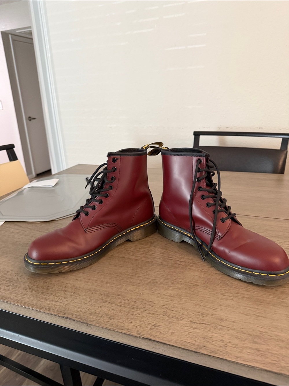 Cherry Red Leather Lace-Up Boots with Yellow Stitching - Picture 2 of 4